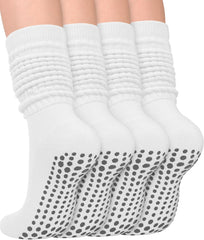 yeuG 4 Pairs Grip Pilates Socks for Women Yoga Slouch Socks with Grips for Barre Grippy Socks Long Scrunch Slipper Socks
