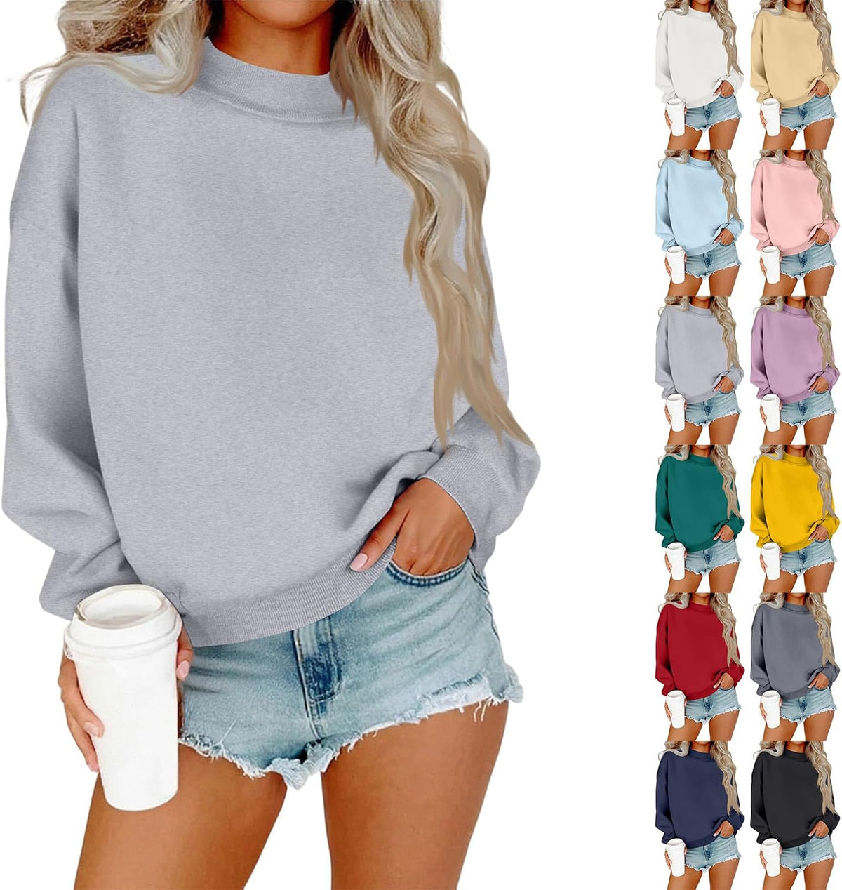 Mock Neck Sweatshirt Women Cute Plain Fleece Pullover Sweatshirts No Hood Dressy Casual Long Sleeve Turtleneck Tops