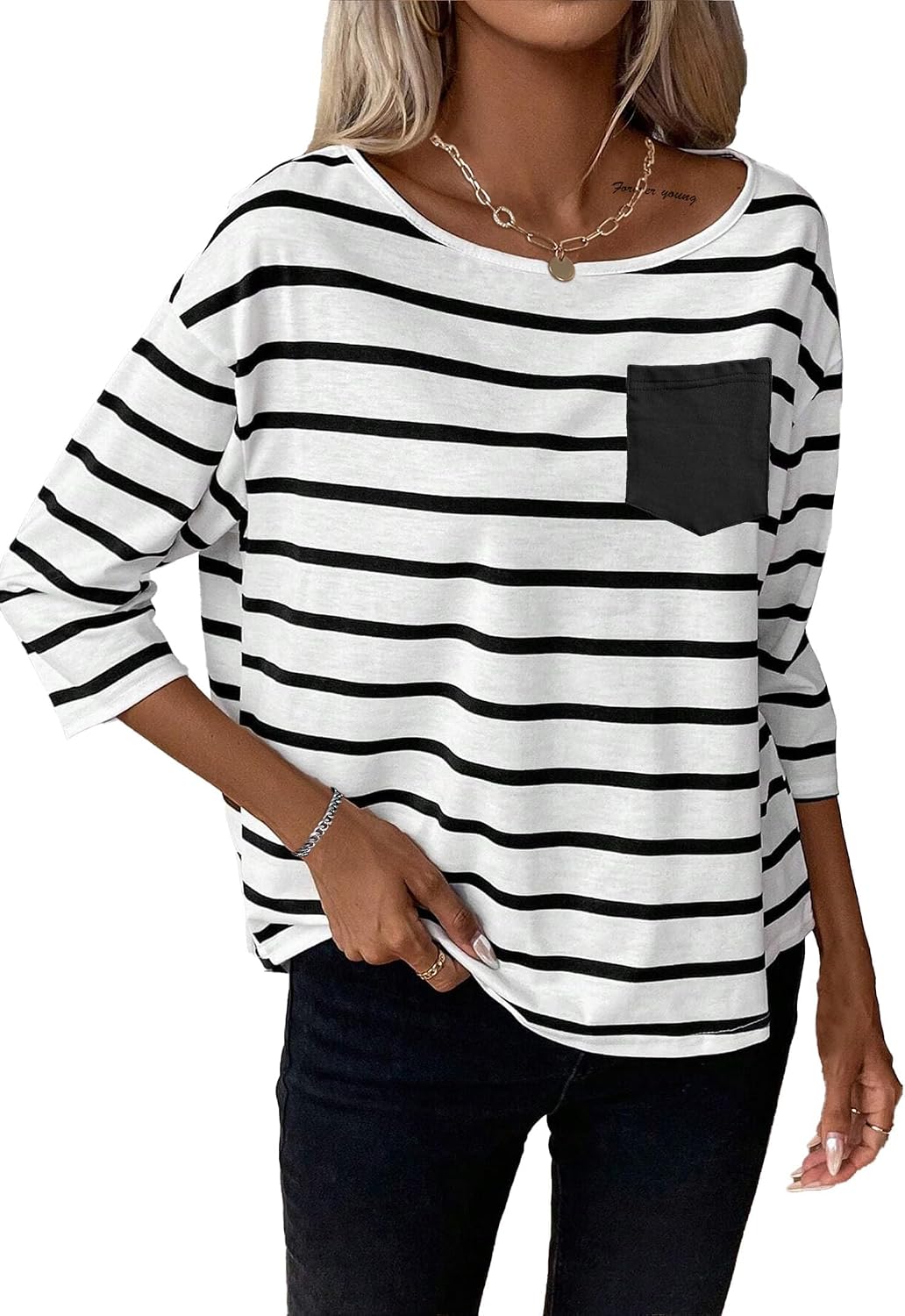 LilyCoco Womens 3/4 Length Sleeve Tops Striped Boat Neck Shirt Frenchy Cotton Tees