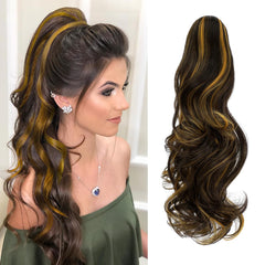FELENDY Ponytail Extension Claw 18" 20" Curly Wavy Straight Clip in Hairpiece One Piece A Jaw Long Pony Tails for Women Dark Brown