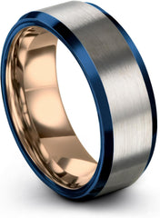 Tungsten Carbide Wedding Band Ring 8mm for Men Women 18K Rose Gold Blue Grey Exterior Bevel Edge Brushed Polished Personalized Custom Engraving Anniversary Engagement