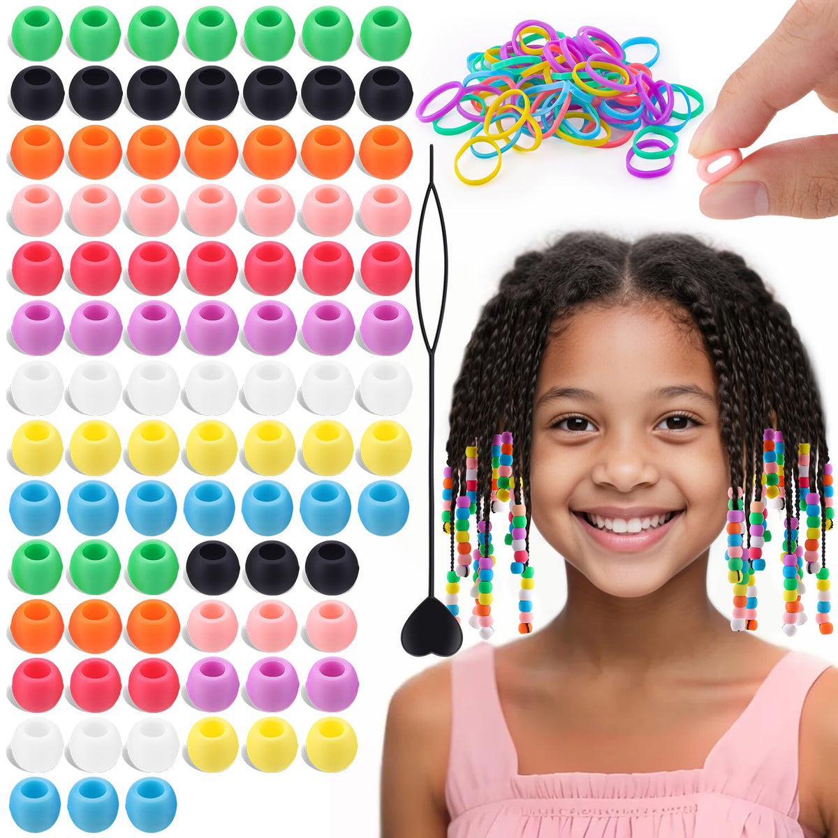 150Pcs Small Silicone Beads for Hair, 8 * 10 mm Soft Pink Mix Colors Pony Silicone Hair Beads for Braids with 50 Rubber Bands and 1 Beader for Braiding, DIY Bracelets Necklaces Crafts