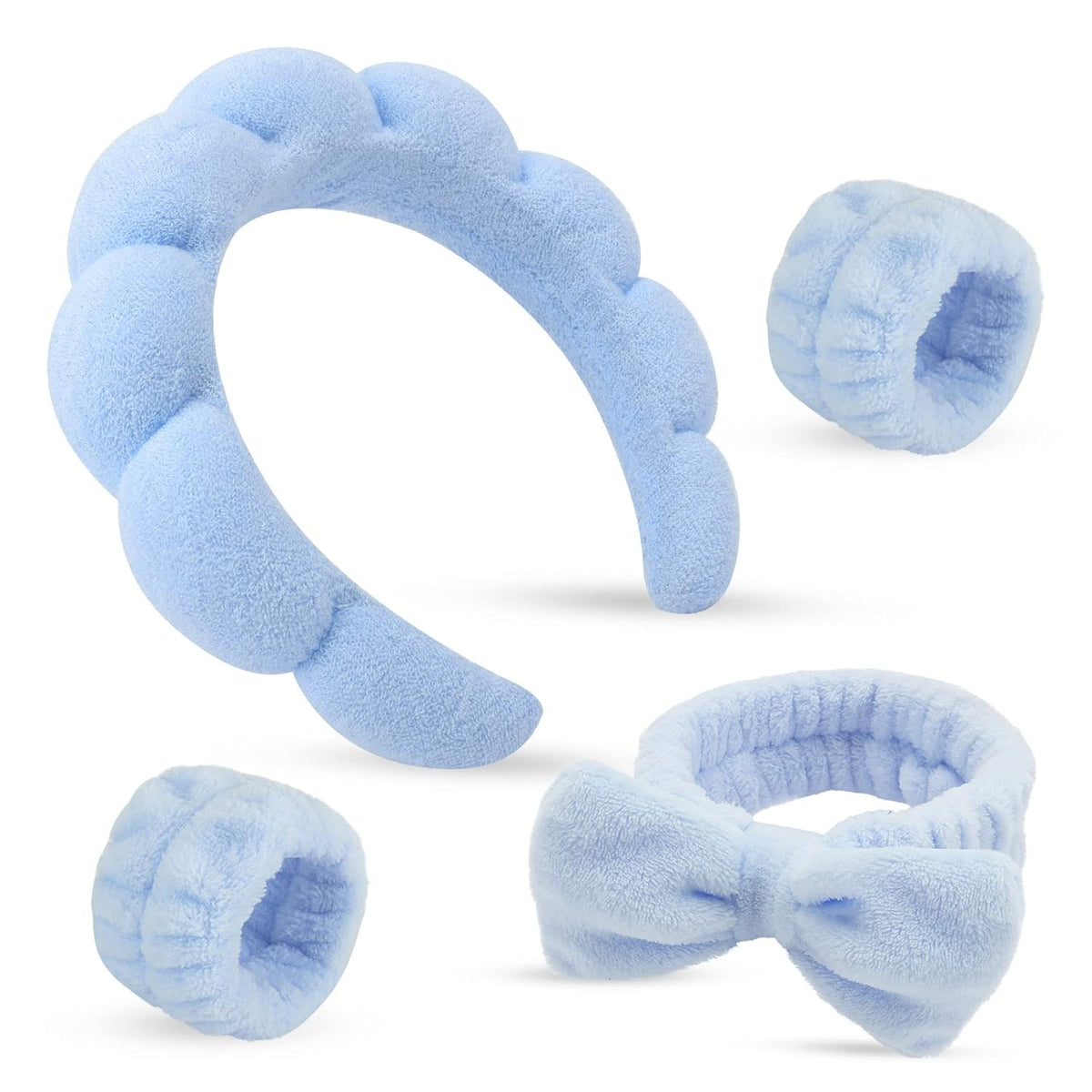 Puffy Spa Headband & Skincare Headbands for Women Makeup,Terry Cloth Towel Head Band for Skin Care,Sponge Make Up Hair Band for Girls,Face Wash Wristband Scrunchies Set 4 Pcs