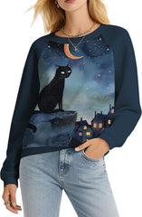 Novelty Cat Print Sweatshirt for Women Casual Fall Long Sleeve Tops Fashion Crewneck Daily Pullover Halloween Funny