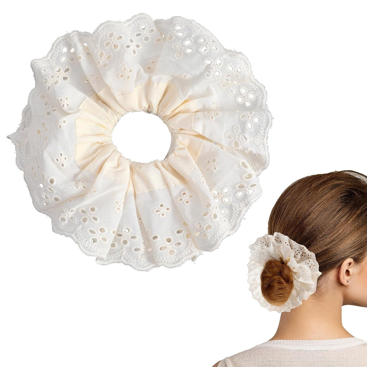 White Scrunchies for Women Large Lace Scrunchies Elastic Hair Ties No Damage Double Layer Hair Bands (white)