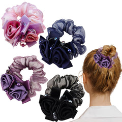 4 PCS Flower Hair Scrunchies for Women Rhinestone Elastic Hair Bands, Ponytail Holders Lace Hair Scrunchies Ties Elastics Bands Rubber Hairbands Hair Accessories for Parties Daily Use