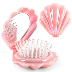 Metallic Shinning Finish Foldable Travel Hair Brushes with Mirror Shell Shape Portable Folding Pocket Hair Brush Mini Hair Comb Compact Size Hair Massage Comb (Pink)