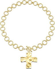 TEN MIRO 18k Chunky Gold Necklace for Women Sweatproof, Non Tarnish Chunky Cross Necklaces Thick Gold Layering Hammered Bold Necklace Stacks Toggle Necklaces for Women