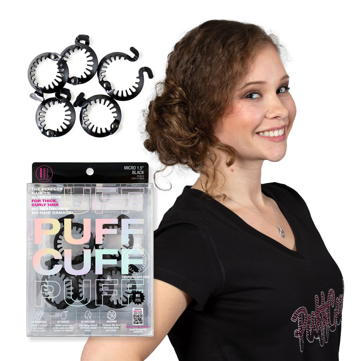 PuffCuff | Junior 3" Hair Clamp | For All Natural Thick, Curly, Kinky, Textured, Locs, or Braided Hair | Painless, Damage-Free Styling Tool | Black | 1 Piece