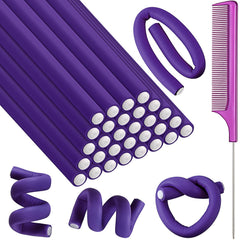 Syhood 30 Pieces Flexible Curling Rods Twist Hair Rollers Soft Foam Rods No Heat and 1 Pcs Steel Rat Tail Comb for Women Long and Short Hair(7 x 0.3 Inch,Pink)