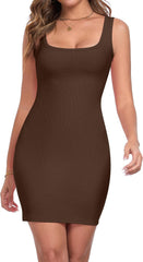 Qaffier Summer Dresses for Women Sexy Mini Dress Ribbed Knit Fitted Square Neck Bodycon Party Club Tank Dresses