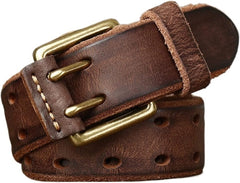 Vintage Mens Belt Cowhide Genuine Leather Belt for Men Copper Double Needle Buckle Handmade Jeans Belt Men(44in/110cm,Khaki)