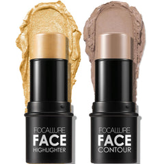 FOCALLURE 2 Pcs Mineral Cream Contour Stick,Moisturize Highlighter and Bronzer Pen,Non Stick Face Brightens & Shades Pencil,Long Lasting & Smooth Gliding Face Illuminator Makeup,24+11