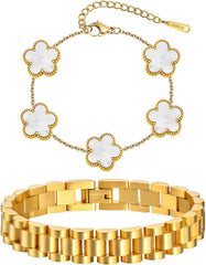 Stackable Gold Floral Bracelets Set , 2pcs 18K Gold Plated Bracelet Non-tarnish,Stainless Steel Link Chain Friendship Bracelet,Watch Band Trendy Jewelry,Christmas Valentines Birthday Gifts for Women