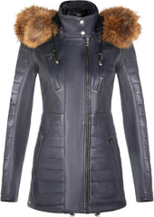 Women's Leather Parka Jacket Quilted Detachable Hooded Trench Coat