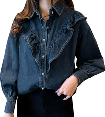 Denim Jacket for Women Women's Denim Shirt Loose Double Pocket Long Sleeved Versatile Casual Coat Jean Trucker