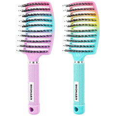 3 Pack Vented Quick Drying Massage Blow Detangler Brush,Boar Bristle Hair Brush Set-Curved,Detangling Hair Brush for Women Long,Thick, Thin, Curly(Green)