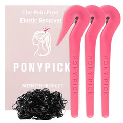 THE PONY PICK Hair Elastic Rubber Bands Cutter Tool Easy To Use, Pain Free, No Hair Damage Ponytail Cutter Tool for Kids & Toddlers (3 Picks & 50 Clear Hair Elastics)