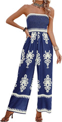 SweatyRocks Women's Tribal Print Strapless Jumpsuit Smocked Wide Leg Vacation Boho Jumpsuits