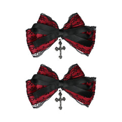 2PCS Gothic Bow Clips 3.96'' Halloween Hairbows Punk Hair Accessories for Girls Women Black Lace & Red Bow with Cross Duckbill Clips