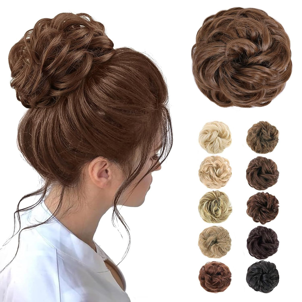 MORICA 2PCS Messy Hair Bun Hair Scrunchies Extension Curly Wavy fake hair bun Synthetic Chignon hair pieces for Women(6#)