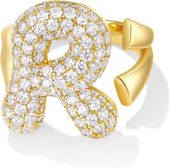 KissYan Bubble Initial Ring for Women, 14k Gold Plate Balloon Jumbo Letter Rings Open Adjustable Dainty Pave CZ Personalized Fashion Trendy Statement Jewelry Gift