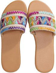 OYOANGLE Women's Boho Style Embroidered Flat Sandals Slide Sandals Fashion Flat Sandals Beach Slippers