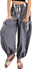 Women Drawstring Striped Pants Loose Wide Leg Casual Lounge Pants with Pockets