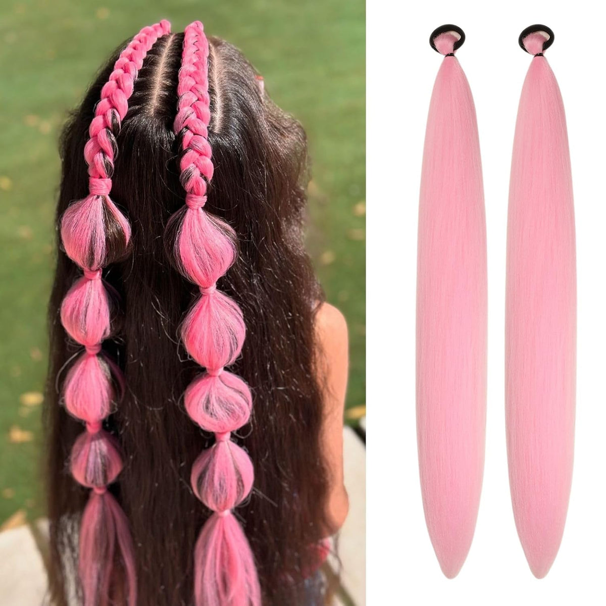 Pink Ombre Braiding Hair Extension for Braids Synthetic Braid Ponytail Extensions with Elastic Tie Fashion Festival Rave Hair Accessories(Pack of 2)