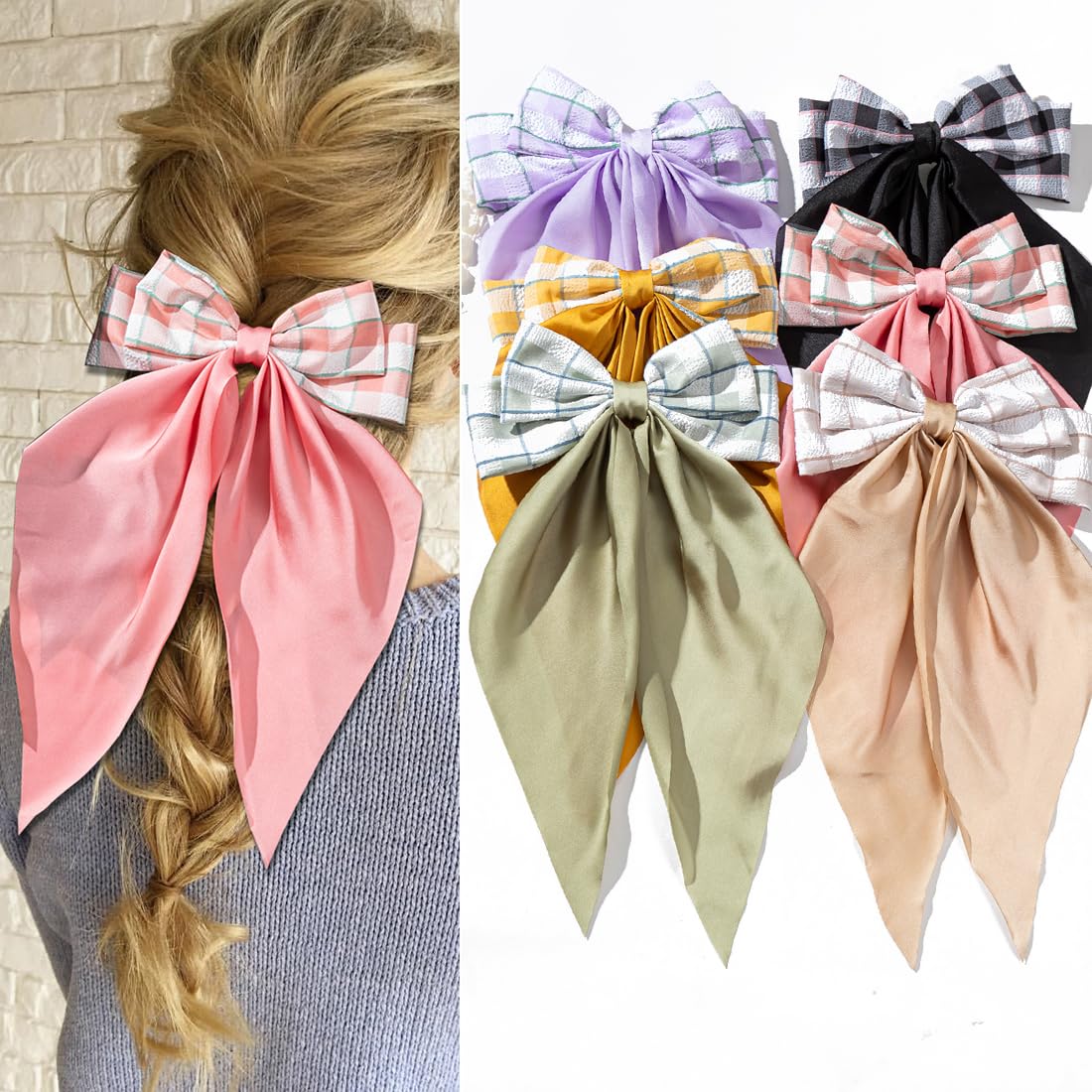 Hair Bows for Women & Girls: Big Bow Clips with Ribbons - Bow-Knot Clips for Thick & Thin Hair, Nonslip Claw Clips, 5 PCS