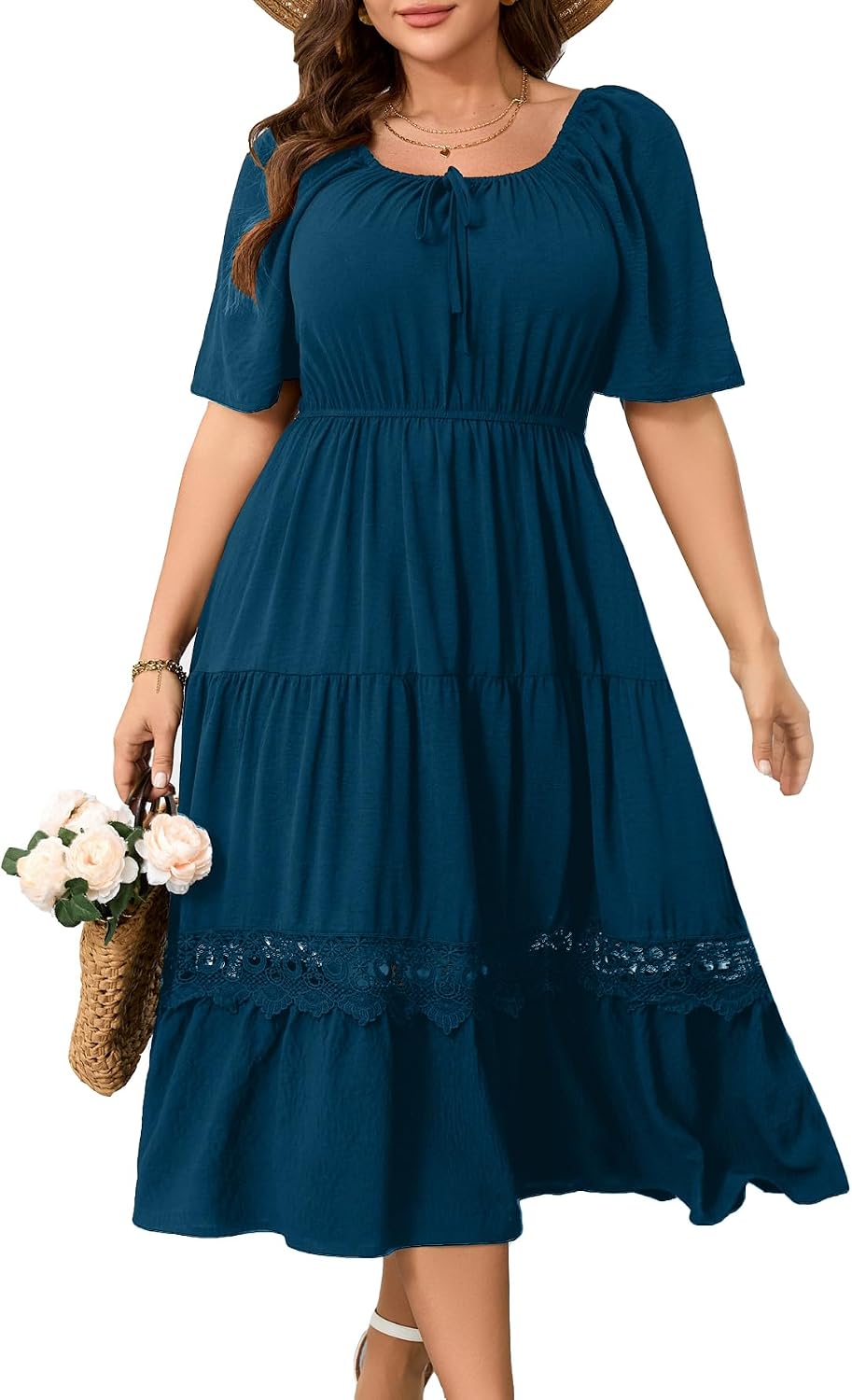 RWJ Women's Plus Size Maxi Dress Short Sleeve Square Neck Flowy A-Line Lace Trim Flutter Party Casual Off Shoulder Dresses