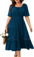 RWJ Women's Plus Size Maxi Dress Short Sleeve Square Neck Flowy A-Line Lace Trim Flutter Party Casual Off Shoulder Dresses