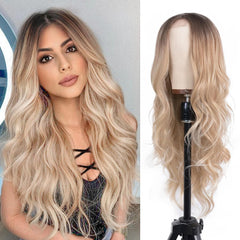Mixed Blonde Long Wave Wig for Women -26inch Middle Part Long Curly Wig Heat Resistant Synthetic Hair Looking Natural, Fiber Wig for Daily Party Use