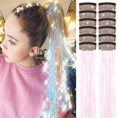 Hair Tinsel Clip in Pack of 12 Pcs Glitter Tinsel Hair Extensions 24 Inch Clip in Hair Tinsel Sparkly Fairy Hair Accessories for Girls Women Kids (Colorful)