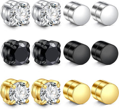 Men's Magnetic Stud Earrings - Non Piercing Fake Clip On Earring Stainless Steel Hypoallergenic Magnet Ear Rings for Men, Fashion Diamond Design, Silver/Black Styles