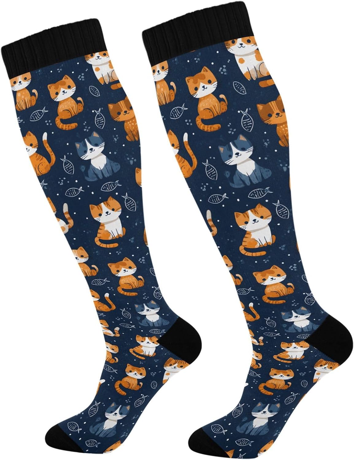 ALAZA Orange Cat Fish Blue Compression Socks for Women Men Unisex Knee High Stockings for Running Athletic