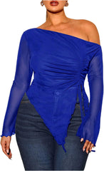 Women's Plus Size Sheer Mesh Off Shoulder Tops Long Sleeve Drawstring Asymmetrical Hem Ruched T Shirt