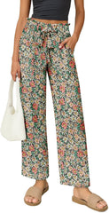 Women's Palazzo Pants Wide Leg High Waisted with Pockets Casual Lightweight Trousers Elastic Waist Summer Beach