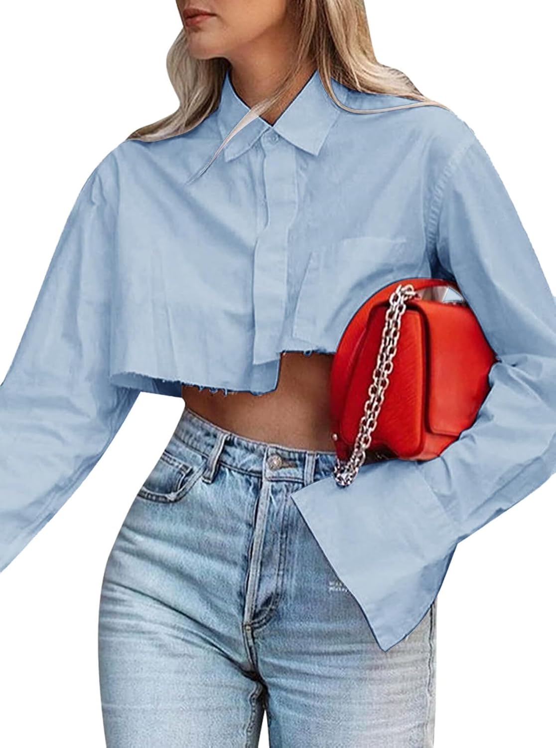 Women Cropped Button Down Shirt Asymmetric Hem Long Sleeve Collared Blouse Top