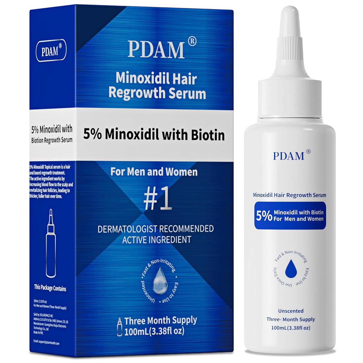 5% Minoxidil with Biotin Hair Growth Serum for Men & Women – Promotes Thicker & Healthier Hair, Topical Minoxidil to Restore Fuller Beard, 100ml Bottle (40ml More Than Standard 60ml)