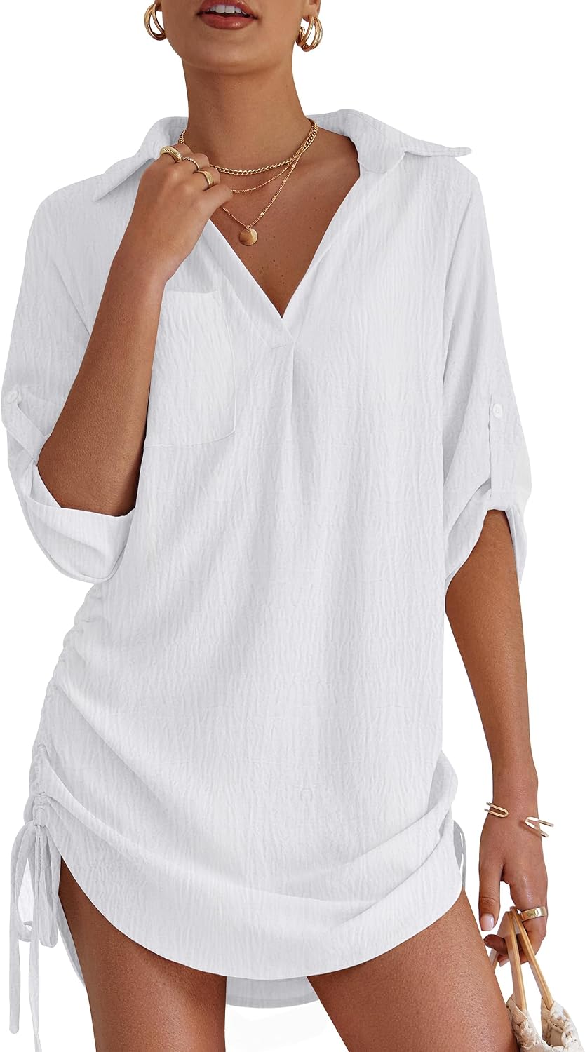 Swimsuit Coverup for Women Bathing Suit Cover Up Summer Swimwear Drawstring Beach Bikini Dress Shirt