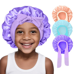 3 Pcs Kids Silk Bonnet for Sleeping - Baby Satin Bonnet for Sleeping,Kids Hair Bonnets for Curly Hair Girls Boys with Wide Elastic Band,Sleep Cap for Teens Toddler Child (Peacock Blue+Black+Beige)