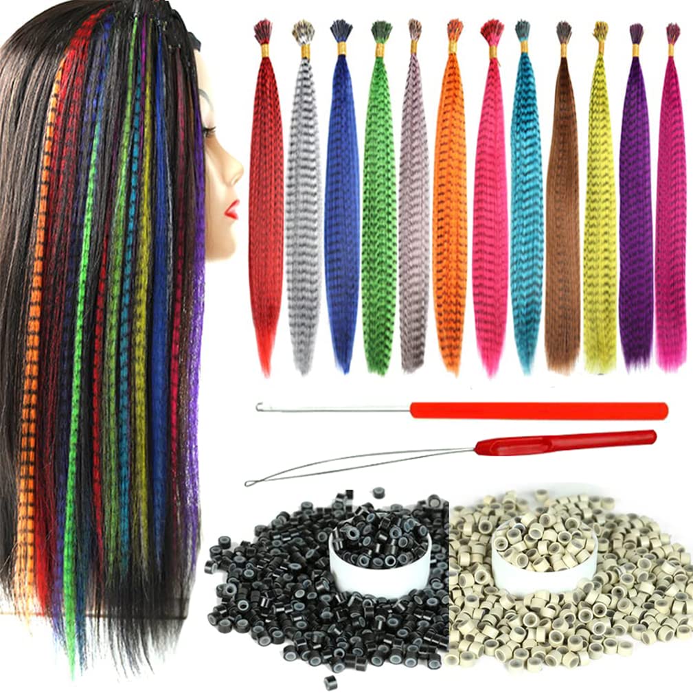 Synthetic Feather Hair Extensions for Women 16 Inch Hairpieces With100pcs Silicone Micro link Beads And 2 Crochet Hooks Hair Feathers with Tools Kit (16'', 12 feather mix colors)