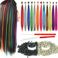 Synthetic Feather Hair Extensions for Women 16 Inch Hairpieces With100pcs Silicone Micro link Beads And 2 Crochet Hooks Hair Feathers with Tools Kit (16'', 12 feather mix colors)