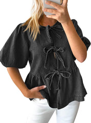 Tankaneo Womens Denim Tie Front Tops Babydoll Peplum Puff Sleeve Jean Shirts Crew Neck Summer Casual Bow Blouses