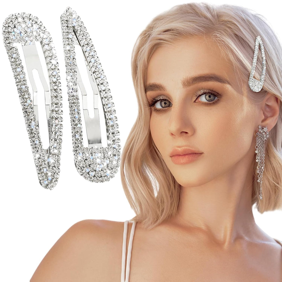 2Pcs Rhinestone Hair Clips Metal Snap Hairpins Bling Crystal Hair Barrettes Glitter French Barrettes Duckbill Hair Pin Hair Decorative Party Valentine's Day Hair Accessories for Women Girls