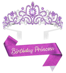 Birthday Tiara Crown with Sash for Women, Headband Hair Accessories for Wedding Party Costume