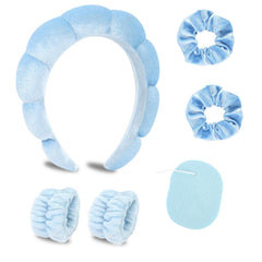 CAVETEE Makeup Headband with Wristband Scrunchies and Soft Compressed Facial Sponges for Women and Girls - Blue Puffy Spa Headband for Washing Face