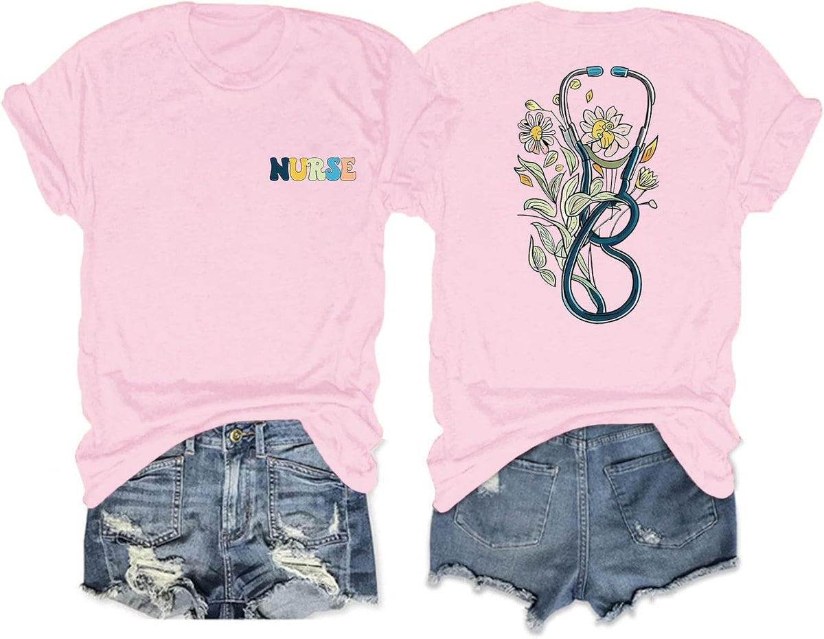 Nurse Graphic Shirts for Women Boho Floral Nurse Life T Shirt Stethoscope Oversized Graphic Tees Nurses Day Gifts
