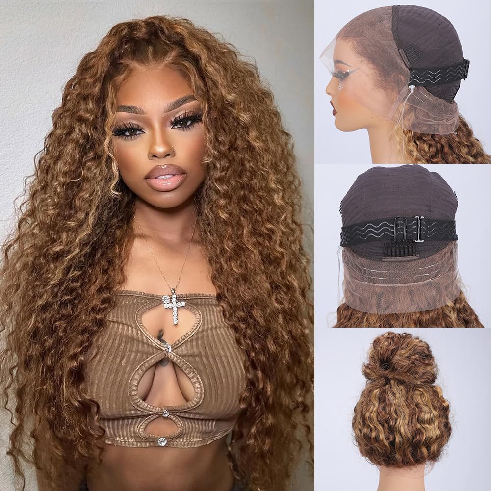 26 Inch Highlight Ombre Hidden Strap 360 Glueless Wigs Human Hair 360 HD Honey Blonde 4/27 Human Hair Wig With Drawstring Pre Plucked Pre Bleached 180 Density